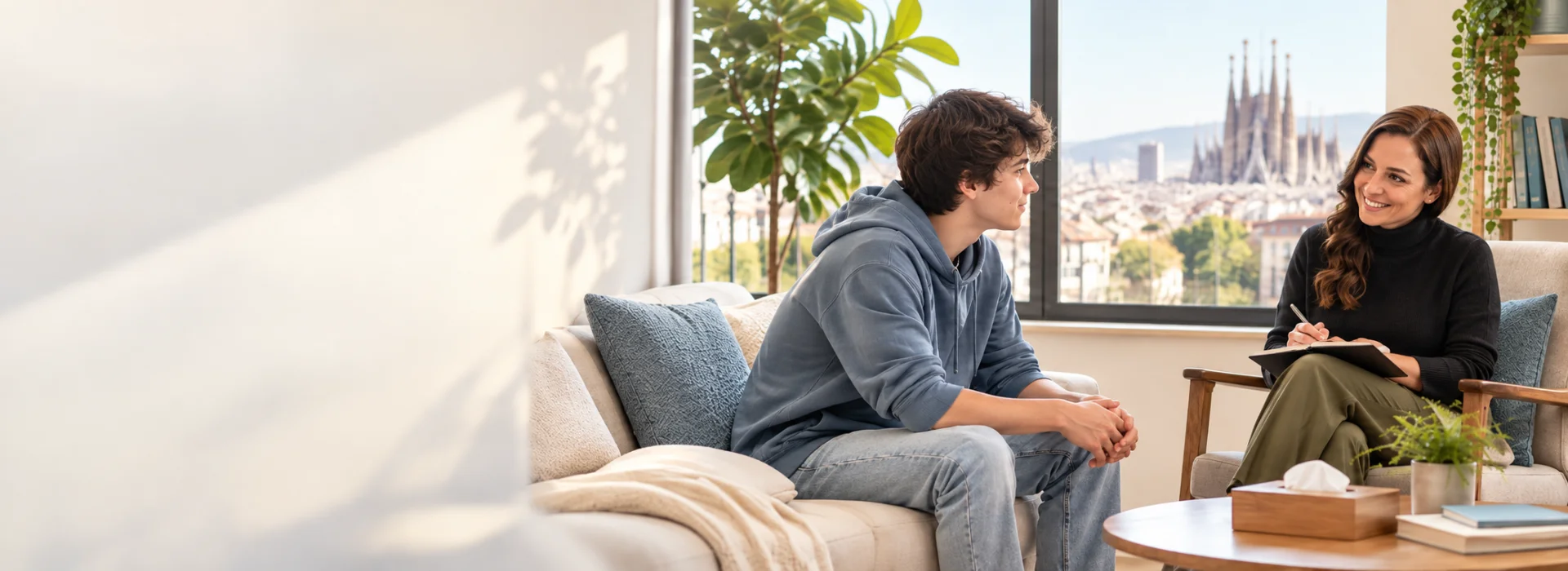 Psicólogo para adolescentes en Barcelona: psicóloga conversando con un adolescente en una consulta con vistas a la Sagrada Família