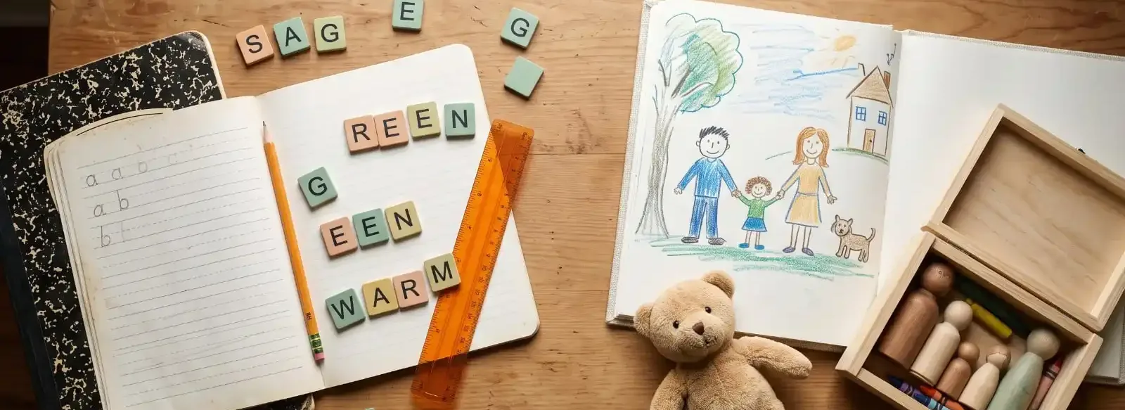 Psicólogo infantil en Barcelona: dibujo familiar, cuaderno, osito y juguetes sobre la mesa de una sesión de terapia infantil